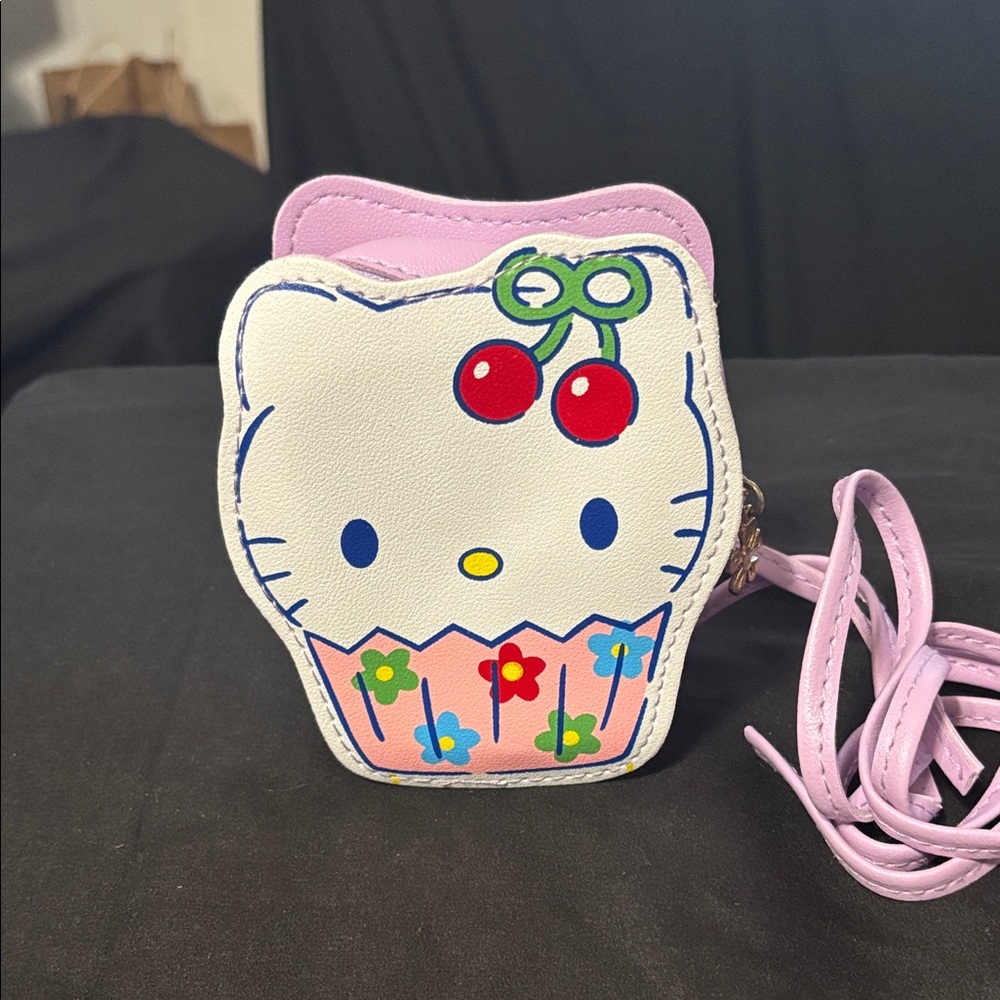 Source Unknown White and Pink Kitty Crossbody Bag with Cherry Detail